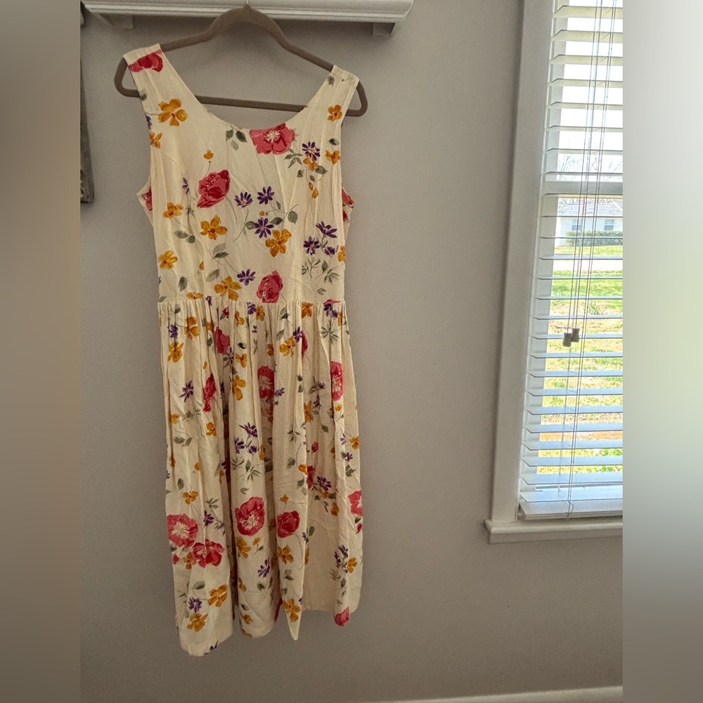 Passport Floral Midi Dress in Cream with Pink, Yellow & Purple Blossoms